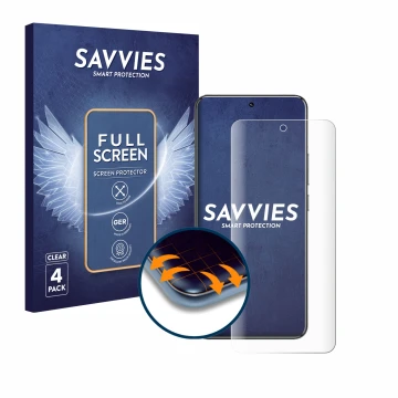 Front side of a product packaging with the brand logo Savvies. Next to it is the device Xiaomi 14 Pro shown with the correspon