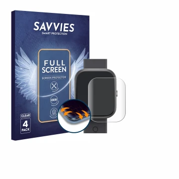 Front side of a product packaging with the brand logo Savvies. Next to it is the device Nothing CMF Watch Pro shown with the c