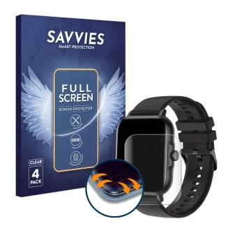 Front side of a product packaging with the brand logo Savvies. Next to it is the device AcclaFit KM13 1.83
