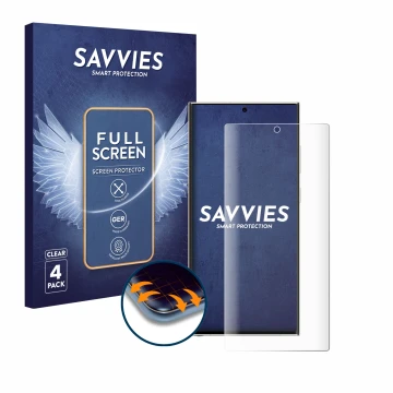 Front side of a product packaging with the brand logo Savvies. Next to it is the device Samsung Galaxy S23 Ultra Enterprise Ed