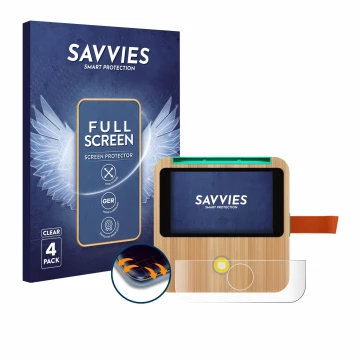 Front side of a product packaging with the brand logo Savvies. Next to it is the device tigerbox Touch Plus shown with the cor