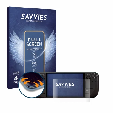 Front side of a product packaging with the brand logo Savvies. Next to it is the device Valve Steam Deck OLED shown with the c