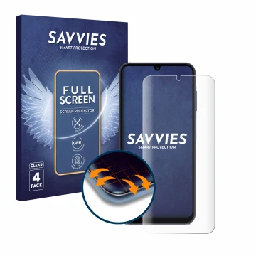 Front side of a product packaging with the brand logo Savvies. Next to it is the device Samsung Galaxy A25 5G shown with the c