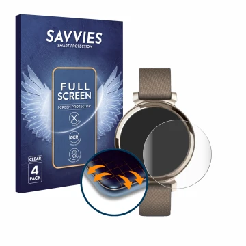 Front side of a product packaging with the brand logo Savvies. Next to it is the device Garmin Lily 2 shown with the correspon