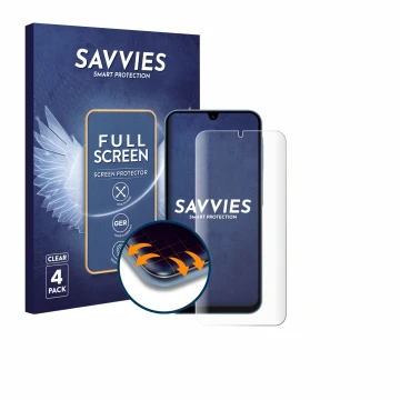 Front side of a product packaging with the brand logo Savvies. Next to it is the device Samsung Galaxy A15 shown with the corr
