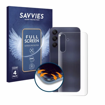 Front side of a product packaging with the brand logo Savvies. Next to it is the device Samsung Galaxy A25 5G (Back) shown wit