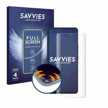 Front side of a product packaging with the brand logo Savvies. Next to it is the device ASUS ROG Phone 8 shown with the corres