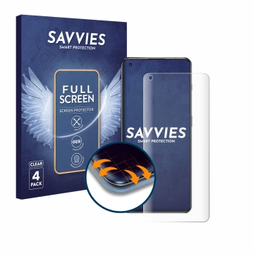 Front side of a product packaging with the brand logo Savvies. Next to it is the device OnePlus 11 shown with the correspondin