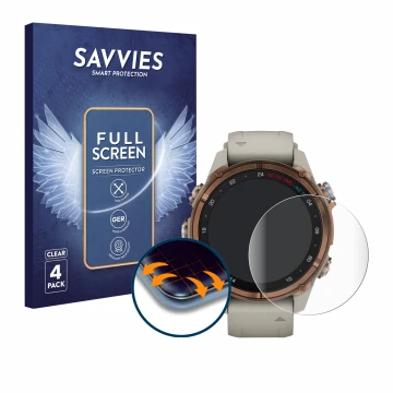 Front side of a product packaging with the brand logo Savvies. Next to it is the device Garmin Descent Mk3 (43 mm) shown with 