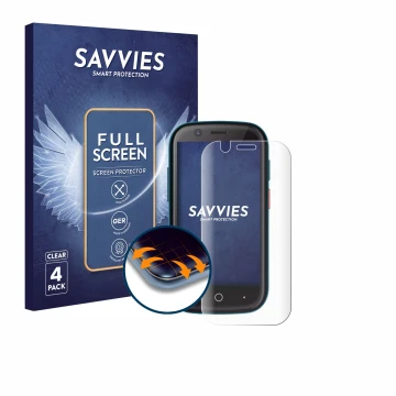 Front side of a product packaging with the brand logo Savvies. Next to it is the device Unihertz Jelly 2E shown with the corre