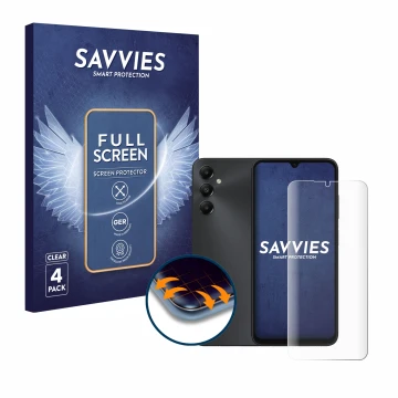 Front side of a product packaging with the brand logo Savvies. Next to it is the device Samsung Galaxy A05s shown with the cor