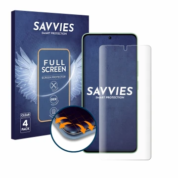 Front side of a product packaging with the brand logo Savvies. Next to it is the device Xiaomi Redmi Note 13 4G shown with the