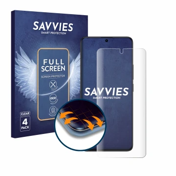 Front side of a product packaging with the brand logo Savvies. Next to it is the device Xiaomi Redmi Note 13 Pro 4G shown with
