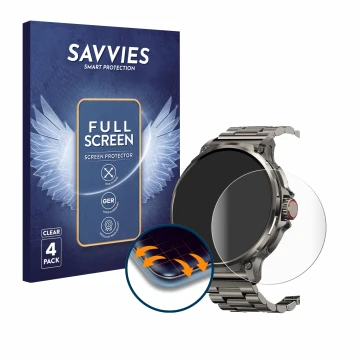 Front side of a product packaging with the brand logo Savvies. Next to it is the device Tesofit Smartwatch 1.85