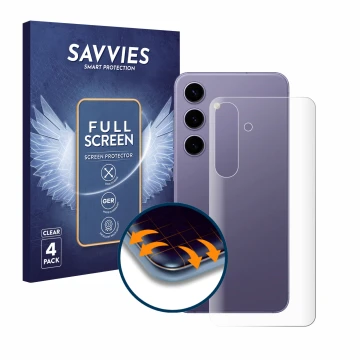 Front side of a product packaging with the brand logo Savvies. Next to it is the device Samsung Galaxy S24 (Back) shown with t