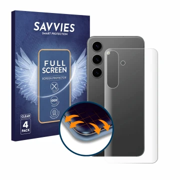 Front side of a product packaging with the brand logo Savvies. Next to it is the device Samsung Galaxy S24 Plus (Back) shown w