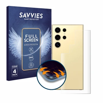 Front side of a product packaging with the brand logo Savvies. Next to it is the device Samsung Galaxy S24 Ultra (Back) shown 