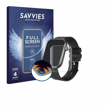 Front side of a product packaging with the brand logo Savvies. Next to it is the device walkbee Smartwatch 1.96