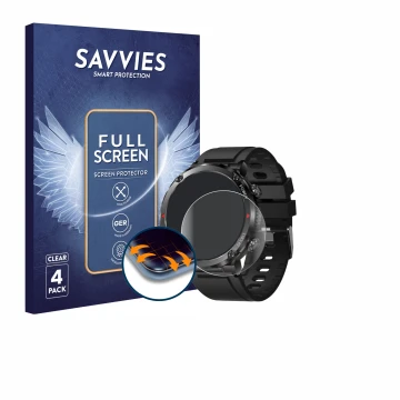 Front side of a product packaging with the brand logo Savvies. Next to it is the device LIGE Smartwatch 1.6