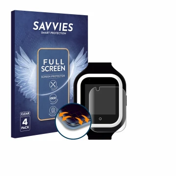 Front side of a product packaging with the brand logo Savvies. Next to it is the device SaveFamily Iconic Plus 4G shown with t