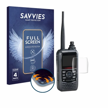 Front side of a product packaging with the brand logo Savvies. Next to it is the device Icom IC-R15 shown with the correspondi