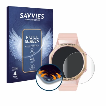 Front side of a product packaging with the brand logo Savvies. Next to it is the device Mutoy Smartwatch 1.32