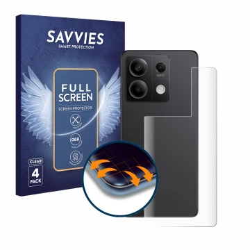 Front side of a product packaging with the brand logo Savvies. Next to it is the device Xiaomi Redmi Note 13 Pro 5G (Back) sho