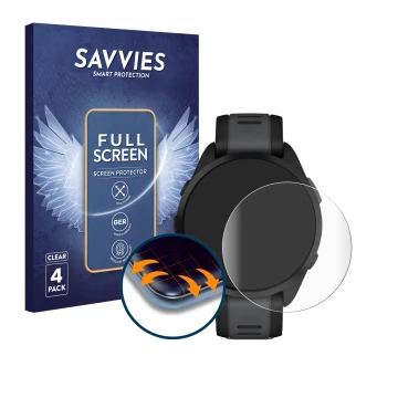 Front side of a product packaging with the brand logo Savvies. Next to it is the device Garmin Forerunner 165 shown with the c