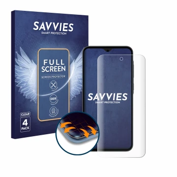 Front side of a product packaging with the brand logo Savvies. Next to it is the device Samsung Galaxy A35 5G shown with the c