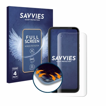 Front side of a product packaging with the brand logo Savvies. Next to it is the device Gigaset GX6 Pro shown with the corresp