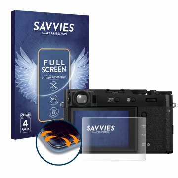 Front side of a product packaging with the brand logo Savvies. Next to it is the device Fujifilm X100VI shown with the corresp