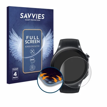 Front side of a product packaging with the brand logo Savvies. Next to it is the device OnePlus Watch 2 shown with the corresp