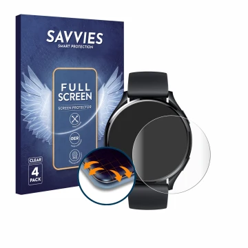 Front side of a product packaging with the brand logo Savvies. Next to it is the device Xiaomi Watch 2 shown with the correspo