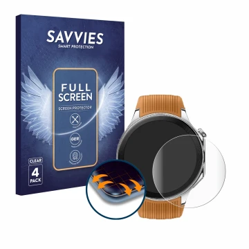 Front side of a product packaging with the brand logo Savvies. Next to it is the device Oppo Watch X shown with the correspond