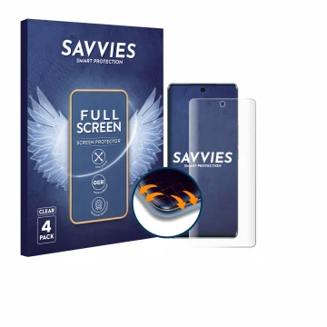 Front side of a product packaging with the brand logo Savvies. Next to it is the device Vivo V30 Pro shown with the correspond