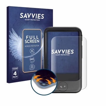 Front side of a product packaging with the brand logo Savvies. Next to it is the device Pocketalk S shown with the correspondi