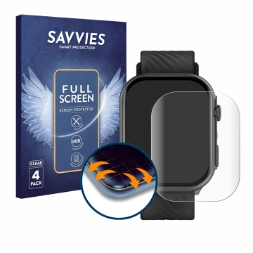 Front side of a product packaging with the brand logo Savvies. Next to it is the device Yuede Smartwatch 2