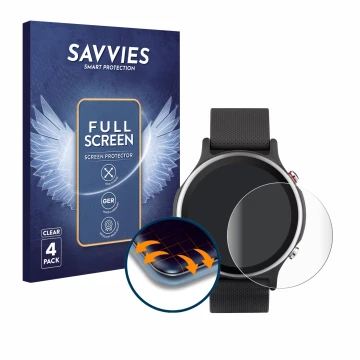 Front side of a product packaging with the brand logo Savvies. Next to it is the device ASUS VivoWatch 6 shown with the corres
