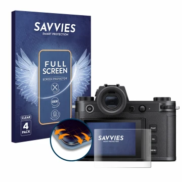 Front side of a product packaging with the brand logo Savvies. Next to it is the device Leica SL3 shown with the corresponding