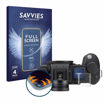 Front side of a product packaging with the brand logo Savvies. Next to it is the device Leica SL3 (top plate display) shown wi