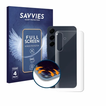 Front side of a product packaging with the brand logo Savvies. Next to it is the device Samsung Galaxy A55 5G (Back) shown wit