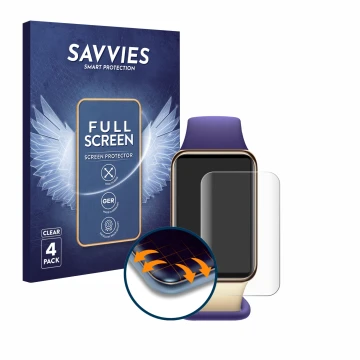 Front side of a product packaging with the brand logo Savvies. Next to it is the device Honor Band 9 shown with the correspond