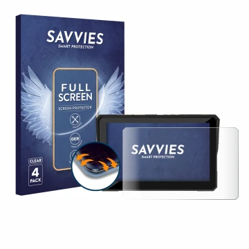 Front side of a product packaging with the brand logo Savvies. Next to it is the device Carpuride W502 5