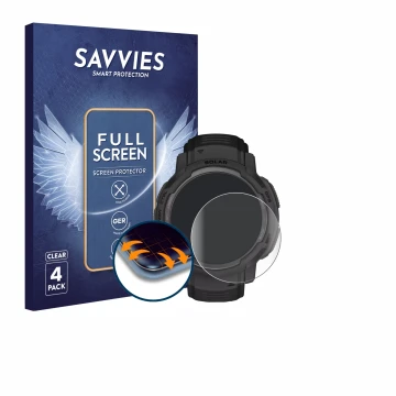 Front side of a product packaging with the brand logo Savvies. Next to it is the device Garmin Instinct Crossover Solar shown 