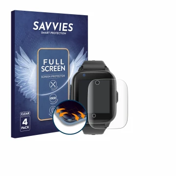 Front side of a product packaging with the brand logo Savvies. Next to it is the device Leotec Kids Allo Plus 4G shown with th