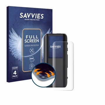 Front side of a product packaging with the brand logo Savvies. Next to it is the device FiiO BTR15 shown with the correspondin