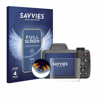 Front side of a product packaging with the brand logo Savvies. Next to it is the device Kodak Pixpro AZ528 shown with the corr