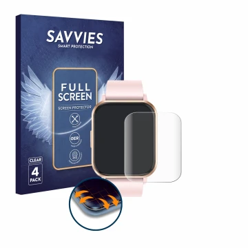 Front side of a product packaging with the brand logo Savvies. Next to it is the device walkbee Smartwatch 1.83