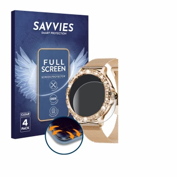 Front side of a product packaging with the brand logo Savvies. Next to it is the device walkbee Smartwatch 1.3