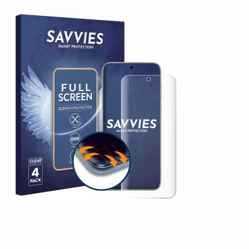 Front side of a product packaging with the brand logo Savvies. Next to it is the device Huawei Pura 70 Pro shown with the corr
